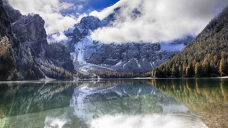gunung dan danau, alam, lanskap, fotografi, danau, gunung, hutan, awan, refleksi, musim gugur, salju, pegunungan Alpen, Italia, Wallpaper HD