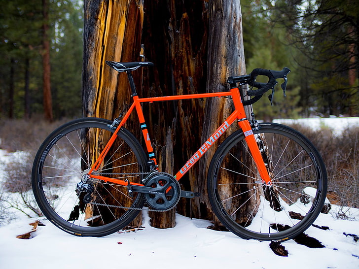 orange and black road bike, bicycle, carbon fiber , road, wheels, HD wallpaper