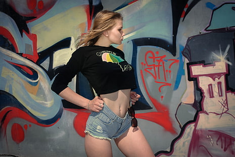 women, portrait, belly, wall, jean shorts, graffiti, sunglasses, blonde, HD wallpaper HD wallpaper