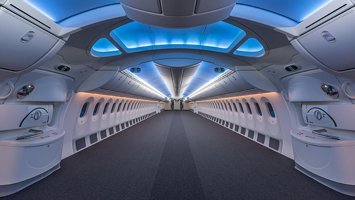 couloir noir et blanc, symétrie, intérieur, moderne, avion, Boeing, avion de chasse, fenêtre, luxe, Boeing 787, cyan, bleu, Fond d'écran HD