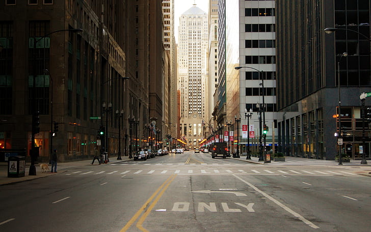 Ulica miejska Chicago w USA, wieżowce, miasto, ulica, Chicago, USA, wieżowce, Tapety HD