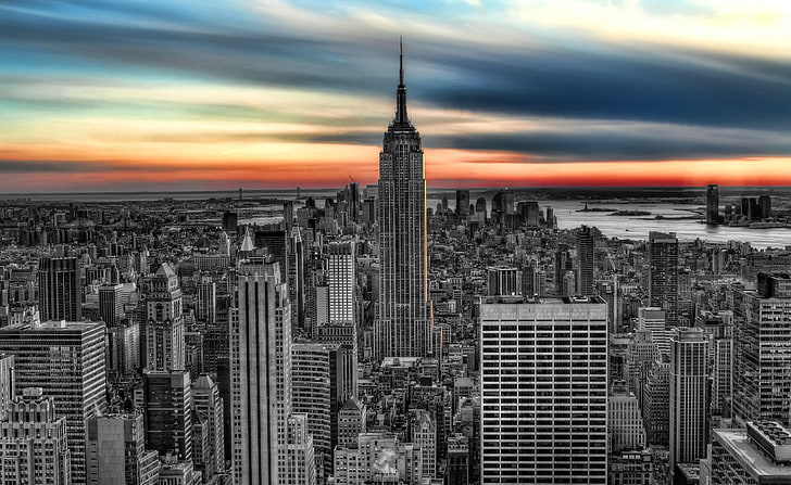 엠파이어 스테이트 빌딩 BW 편집, 엠파이어 스테이트 빌딩, 도시, 미국 / 뉴욕, 뉴욕, 엠파이어 스테이트, 건물, 검정 및 흰색, 일출, 일몰, 주황색, 파랑, 빨강, HD 배경 화면