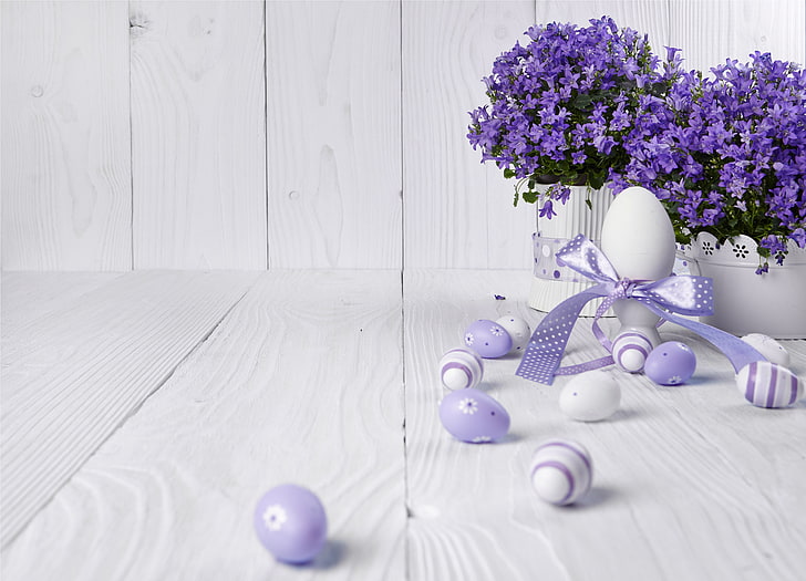 decoração de ovo roxo de anúncio branco, flores, ovos, páscoa, lavanda, primavera, HD papel de parede