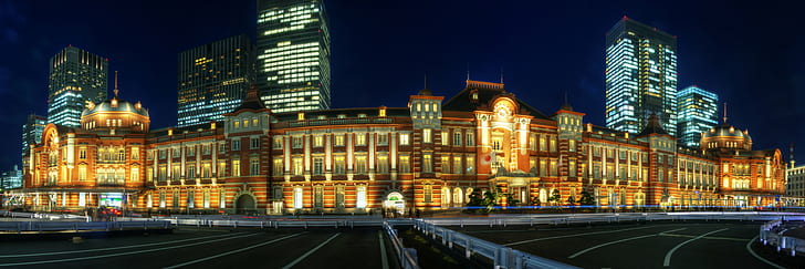 コンクリート道路、東京駅、東京駅、パノラマ、東京駅の横にある黄色のライトが付いている建物の写真、写真、建物、黄色、ライト、コンクリート道路、夜、東京駅、パノラマ、HDR、レンガ、D90、画像、夜、駅、12月、東京、パノラマ、イルミネーション、都会の風景、建築、有名な場所、都市の景観、通り、夕暮れ、建造物、都市、 HDデスクトップの壁紙