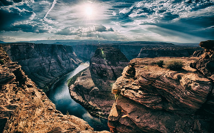 Horseshoe Bend, Arizona, USA, หน้าผา, แม่น้ำ, ดวงอาทิตย์, เมฆ, เกือกม้า, โค้ง, แอริโซนา, สหรัฐอเมริกา, หน้าผา, แม่น้ำ, ดวงอาทิตย์, เมฆ, วอลล์เปเปอร์ HD