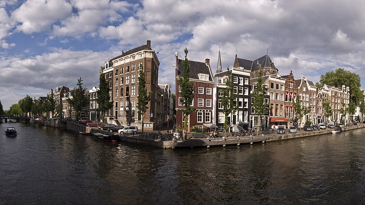 град, градски пейзаж, сграда, река, вода, облаци, Амстердам, Холандия, HD тапет