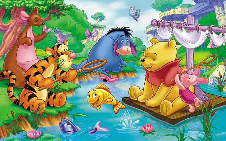 Winnie The Pooh Piglet Tigar Eeyore Kanga Party On The River Cartoon Desktop Wallpaper HD 1920 × 1200, HD тапет