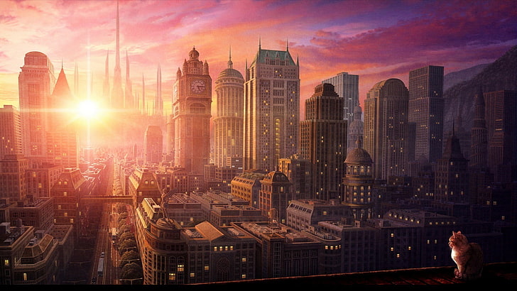 ilustrasi bangunan tinggi, pemandangan kota, matahari terbenam, Wallpaper HD