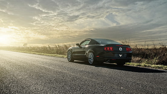 Ford Mustang Coupe negro, muscle cars, calle, Ford Mustang GT, Fondo de pantalla HD HD wallpaper
