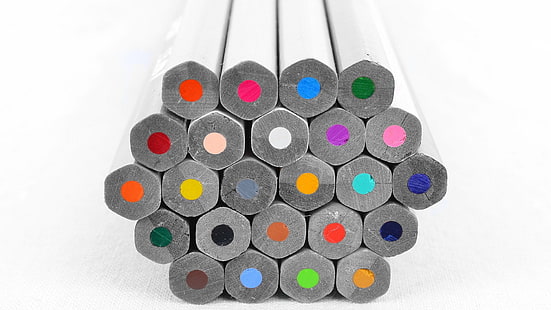 lápis de cores sortidas, colorido, lápis, hexágono, branco, madeira, fundo branco, HD papel de parede HD wallpaper