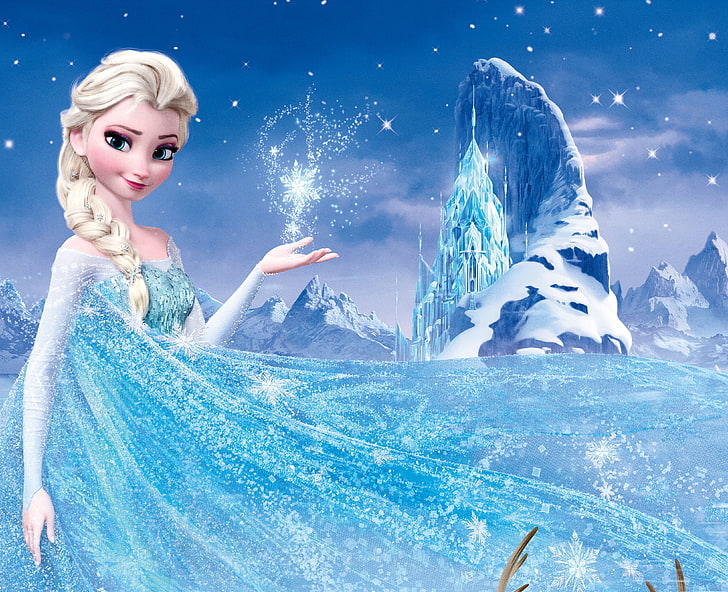 Disney Frozen Queen Elsa wallpaper digital, salju, pegunungan, bintang, es, Beku, Ratu, kepingan salju, Walt Disney, animasi, 2013, Elsa, Hati Dingin, kastil es, Arendelle, Kingdom, Arundel, Wallpaper HD