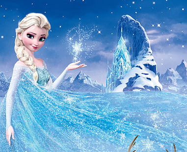 Disney Frozen Queen Elsa digital wallpaper, snow, mountains, star, ice, Frozen, Queen, snowflake, Walt Disney, animation, 2013, Elsa, Cold Heart, ice castle, Arendelle, Kingdom, Arundel, HD wallpaper HD wallpaper