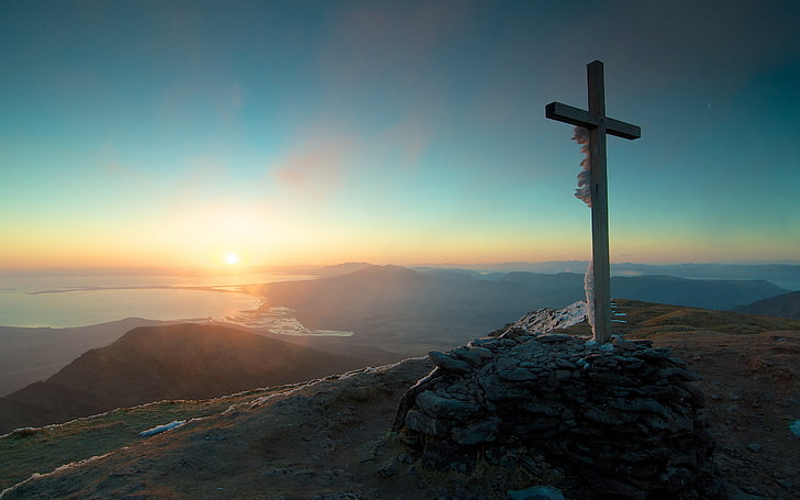 estatua de la cruz blanca, paisaje, montañas, cruz, mañana, Fondo de pantalla HD