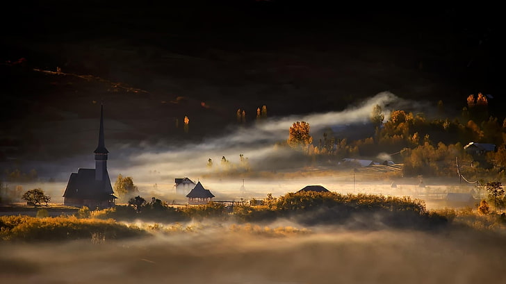 горско поле тапет, природа, пейзаж, мъгла, сутрин, село, дървета, църква, есен, Румъния, HD тапет