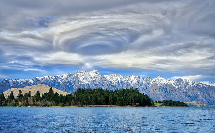 cloud storm formation near island and mountains, queenstown, queenstown, Crazy, Lenticular Clouds, Queenstown, storm, formation, near island, New Zealand, Zealand  Mountain, Town, Winter  Gardens, View, com, South Island, Photo, Daily, Horizontal, Colour, Color, Day, Inverted, HDR, RR, Grass, Water  Sky, Black  Rock, Sony, Reflection, Lake Wakatipu, Remarkables, Ski, Field, Outdoor, Outdoors, hill, landscape, mountainside, sport, mountain, nature, lake, scenics, european Alps, mountain Range, sky, snow, blue, mountain Peak, HD wallpaper
