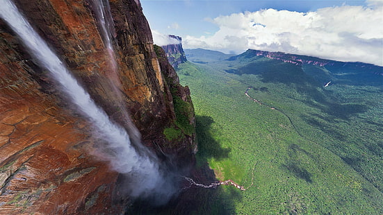 Angel Falls, cascade, paysage, nuages, tropical, Salto Ángel, Tepuyes, falaise, montagnes, Venezuela, arbres, nature, rock, canyon, Fond d'écran HD HD wallpaper