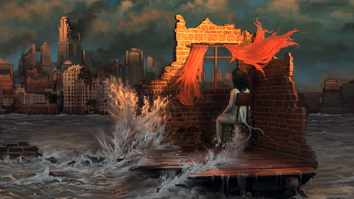 Frau, die auf dem Stuhl gegenüberstellt Fenster auf Gewässer, apokalyptisch, Stadtbild, Ruine, Grafik sitzt, HD-Hintergrundbild