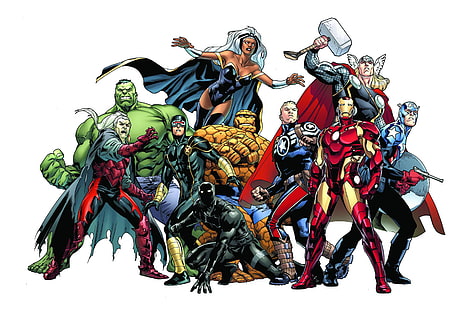 assorted hero illustration, background, Hulk, Storm, Iron Man, Captain America, Thor, Marvel Comics, Cyclops, The Thing, Steve Rogers, Dracula, Black Panther, HD wallpaper HD wallpaper