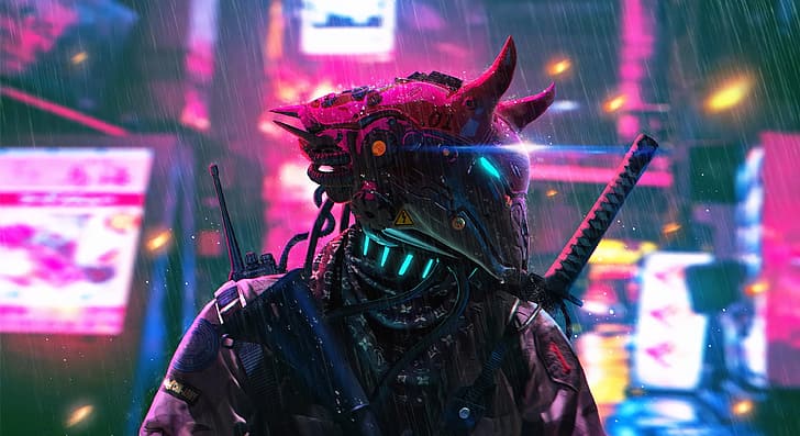 cyberpunk, samurai, katana, sword, mask, HD wallpaper