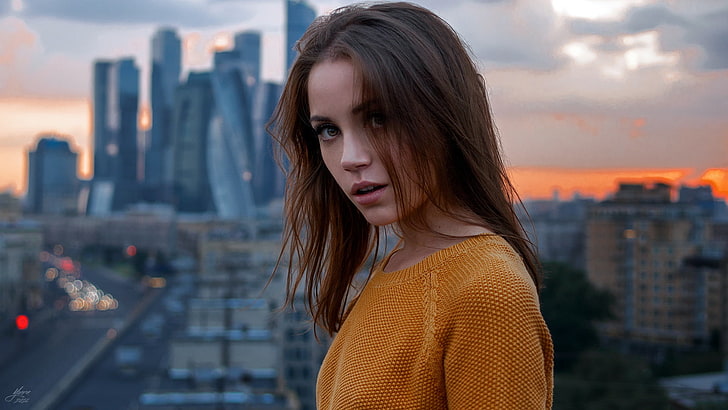 city, girl, long hair, brown eyes, photo, photographer, model, Moscow, bokeh, lips, face, brunette, cityscape, portrait, mouth, close up, open mouth, looking at camera, sweater, depth of field, straight hair, looking at viewer, Xenia Kokoreva, Ksenia Kokoreva, Yuri G See Also:, HD wallpaper