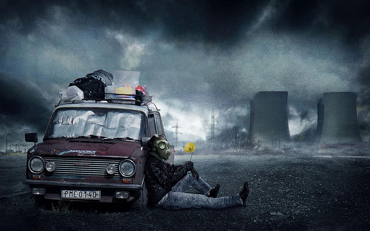 person wearing gas mask lying on red vehicle, apocalyptic, Fallout, road, nuclear, digital art, gas masks, vehicle, HD wallpaper