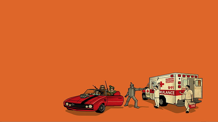 ambulance and red car digital wallpaper, threadless, simple, The Wizard of Oz, humor, orange background, HD wallpaper