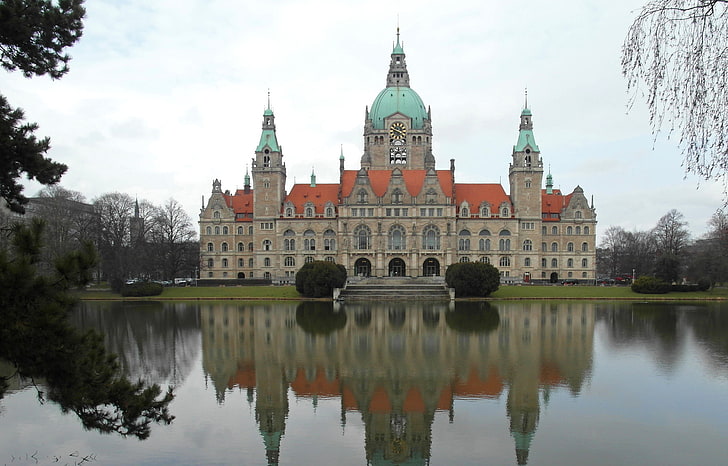 бело-оранжевый замок, пейзаж, пруд, отражение, Германия, Ганновер, новая ратуша, HD обои