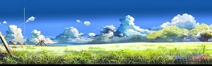 тревно поле под произведения на синьото небе, Макото Шинкай, 5 сантиметра в секунда, поле, облаци, пейзаж, произведения на изкуството, аниме, цветно, небе, HD тапет