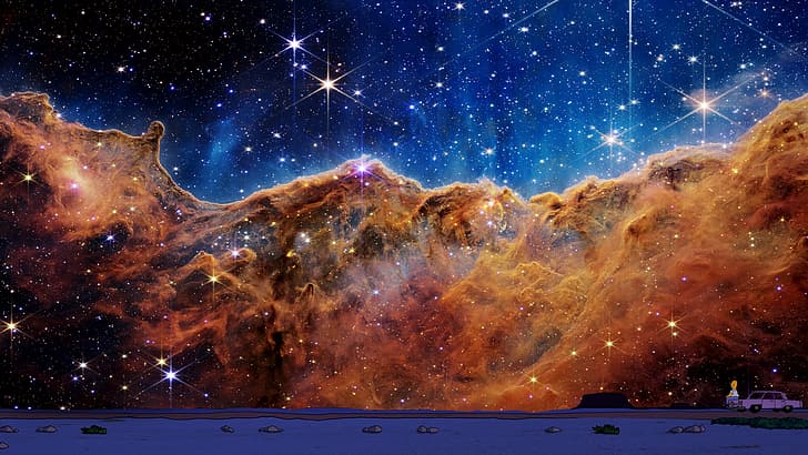 James Webb Uzay Teleskobu, uzay, evren, The Simpsons, Homer Simpson, dijital sanat, yıldızlar, nebula, galaksi, HD masaüstü duvar kağıdı
