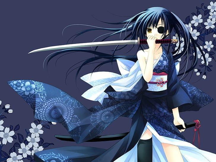 Anime, Gintama, Blau, Augenklappe, Mädchen, Katana, Kimono, Ninja, Samurai, Yagyuu Kyuubei, HD-Hintergrundbild