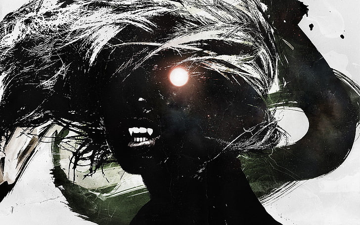 personaggio femminile dai capelli grigi illustrazione, arte digitale, astratto, vampiri, Alex Cherry, occhi luminosi, opere d'arte, Sfondo HD
