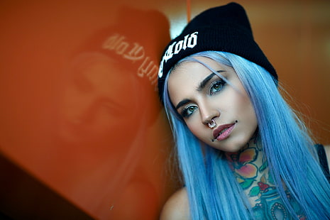 татуировка, женщины, кольца в носу, Фишбол Самоубийство, синие волосы, HD обои HD wallpaper