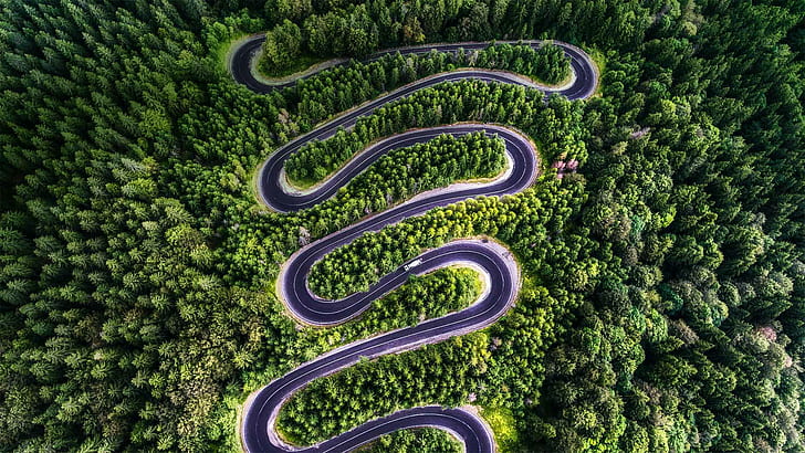 road, hairpin turns, nature, landscape, trees, forest, aerial view, bird's eye view, HD wallpaper