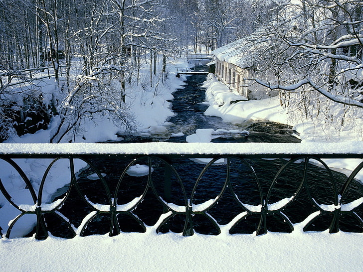 black metal fence, river, bridge, handrail, winter, patterns, HD wallpaper