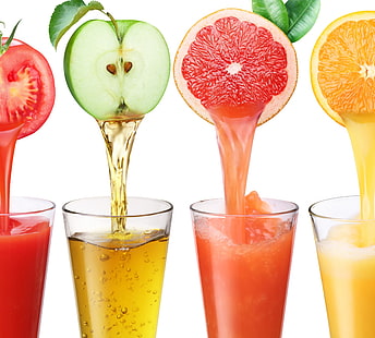 четири плодови сока, плодове, кюспе, домат, сок, чаши, бял фон, HD тапет HD wallpaper