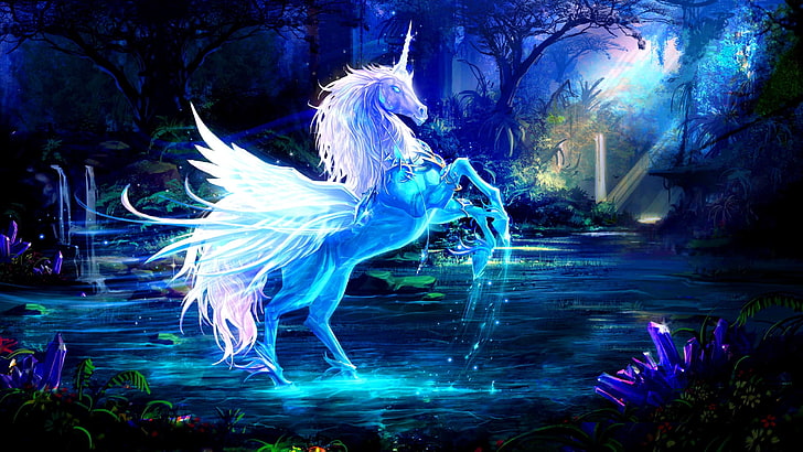 blue and white unicorn illustration, forest, water, rays, horse, art, unicorn, HD wallpaper
