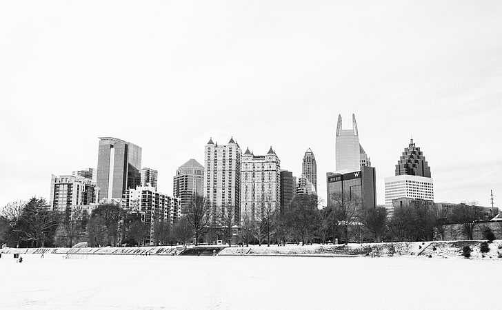 Atlanta Snowpocalypse 2014, betonowe budynki, czarno-białe, Park, Georgia, Atlanta, stany zjednoczone, śródmieście, piemont, fulton, piedmontpark, snowmageddon, snowpocalypse, snowzilla, snowzillapiemont, Tapety HD