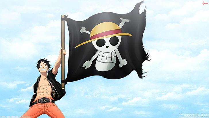 Обезьяна Д. Луффи, One Piece, Обезьяна Д. Луффи, Пираты Соломенной Шляпы, Веселый Роджер, Пиратский Флаг, HD обои