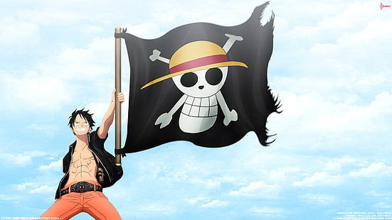 Monkey D. Luffy, Uma Peça, Monkey D. Luffy, Piratas do Chapéu de Palha, Jolly Roger, Bandeira de Pirata, HD papel de parede HD wallpaper