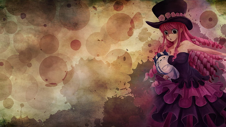 женский персонаж аниме в черно-розовом платье, обои, One Piece, Perona, аниме девушки, веселые шапки, шляпа, HD обои