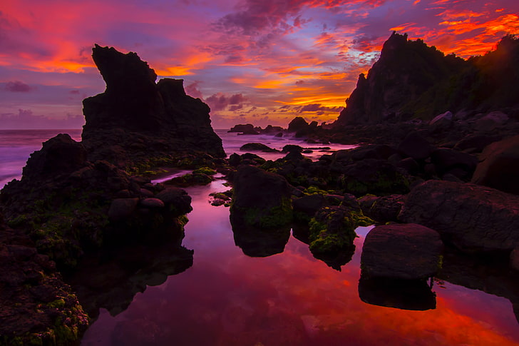 formacja skalna, skały, morze, zachód słońca, Tapety HD