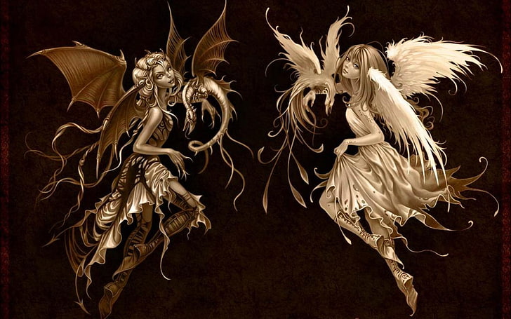 천사와 악마 소녀 포스터, 날개, 악마, 천사, 용, 피닉스, HD 배경 화면