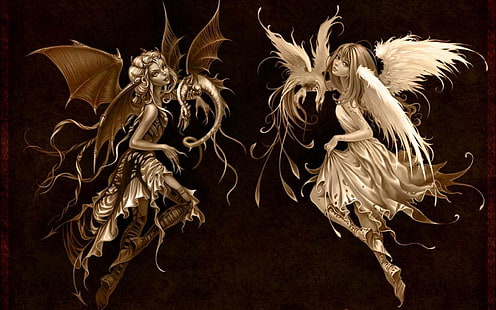 ангел и демон момичета плакат, крила, дявол, ангел, дракон, феникс, HD тапет HD wallpaper