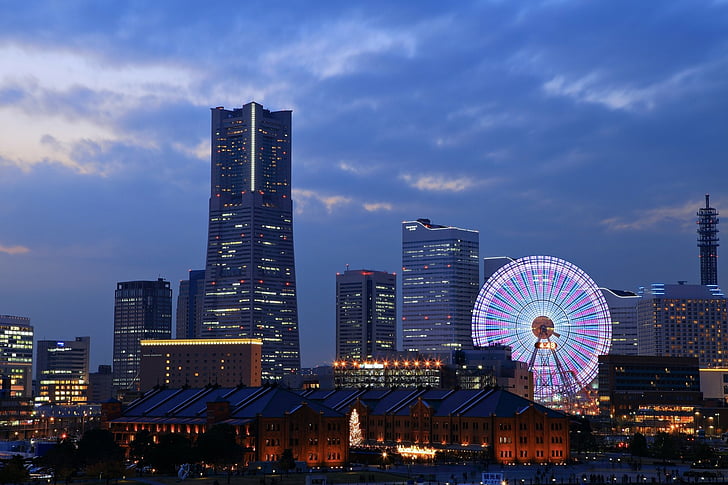 Cities, Yokohama, Building, City, Ferris Wheel, Japan, Light, Skyscraper, HD wallpaper
