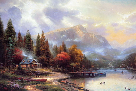 otoño, casa, kinkade, montaña, pintura, río, thomas, Fondo de pantalla HD HD wallpaper