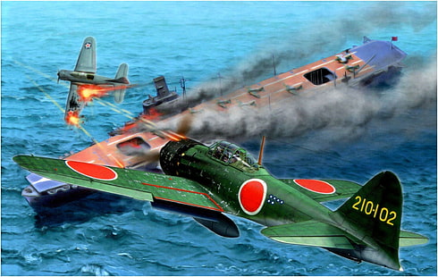 green fighter plane illustration, Japan, World War II, Zero, Mitsubishi, airplane, military, military aircraft, aircraft, Japanese, artwork, aircraft carrier, HD wallpaper HD wallpaper