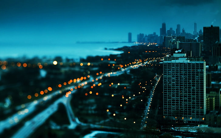 wieżowiec z betonu, głębia ostrości, pejzaż miejski, budynek, bokeh, tilt shift, Chicago, światła miasta, USA, wieczór, noc, Tapety HD
