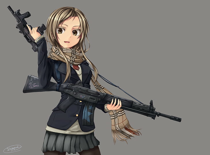 anime, pistol, burberry, gadis dengan senjata, Wallpaper HD