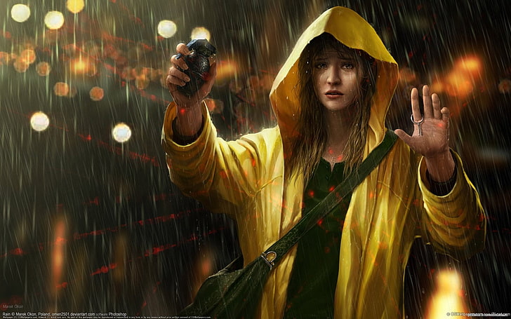 gelber Regenmantel, Sci Fi, Frauen, Granate, HD-Hintergrundbild