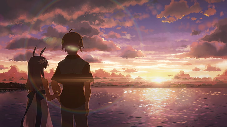 Męska i kobieca tapeta cyfrowa postaci anime, anime, DJ Max, plaża, zachód słońca, patrząc w dal, flara obiektywu, niebo, Tapety HD